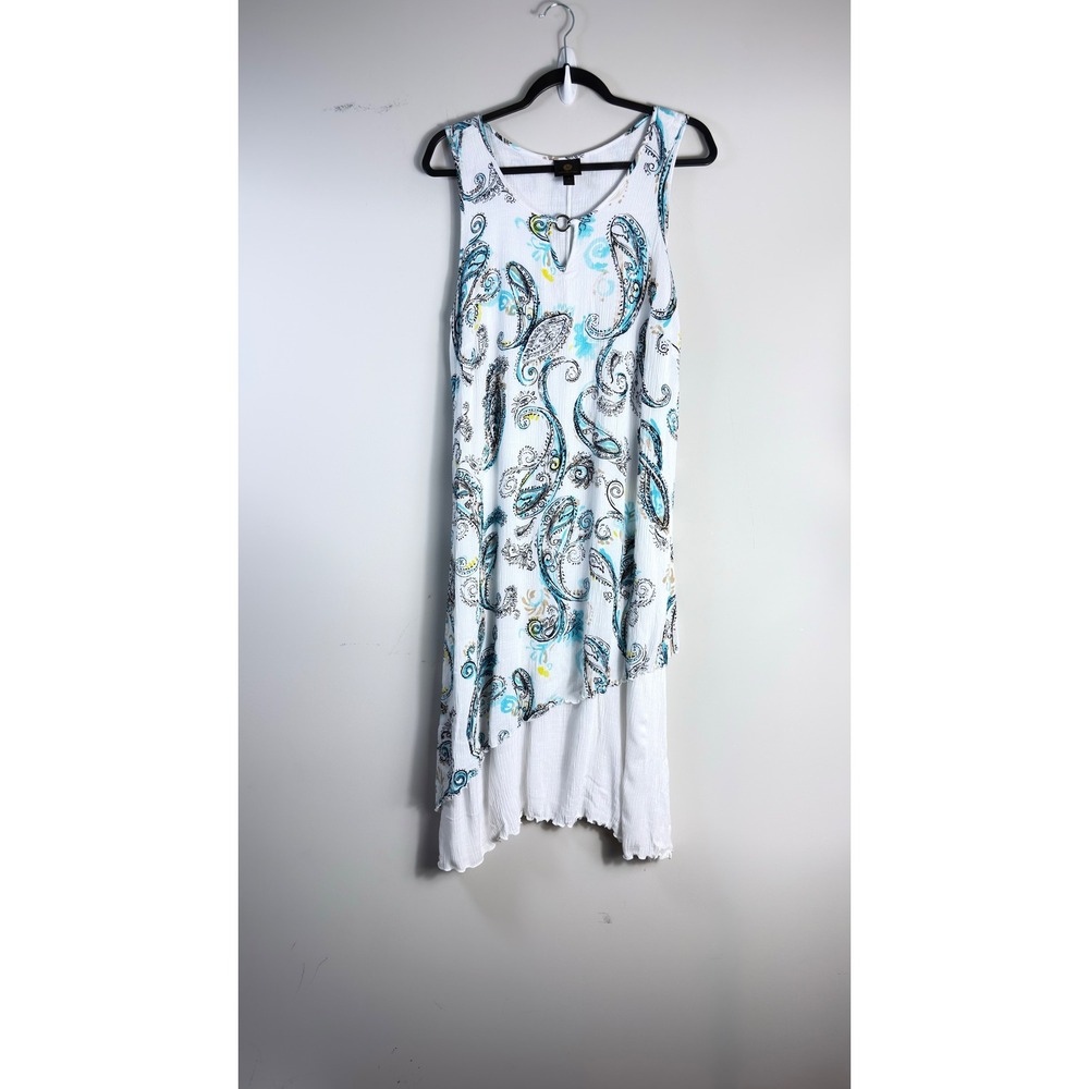 JM Collection Sleeveless Paisley Asymmetrical Tiered Dress White Blue Women M